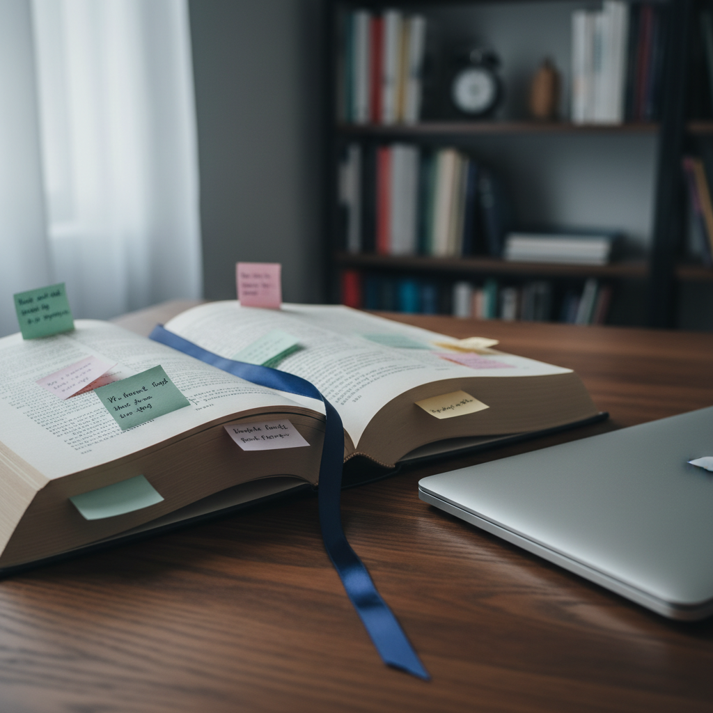 An open hardcover book with creamy, slightly textured pages lies flat on a dark oak table, a single satin ribbon bookmark draped gracefully across the center. Sticky notes in muted pastel colors, each covered in tiny illegible scribbles, peek out from several page edges, suggesting detailed annotations for a review. A thin, modern laptop sits closed to one side, its brushed metal surface reflecting a faint glow. Cool, diffused daylight from an overcast sky enters from a nearby window, casting soft, even illumination. The composition uses the rule of thirds, shot from a slightly elevated angle in photographic realism, with a subtle bokeh of bookshelves in the background, creating a focused, professional mood of quiet, analytical study.