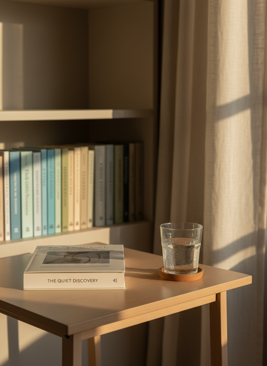 A minimalist reading nook featuring a low, light-wood side table holding a single, prominently displayed book with a clean, contemporary cover design and crisp typography. Next to it, a clear glass of water with tiny condensation droplets sits on a simple coaster, capturing the light. Behind the table, a tidy row of color-coordinated spines lines a built-in bookshelf. Warm, late-afternoon sunlight filters in from the right, casting elongated, soft-edged shadows across a pale linen curtain and the table’s surface. Photographic realism, captured at a slightly low angle, with sharp focus on the main book and a gently blurred background. The mood is serene, ordered, and professional, suggesting a carefully curated space to discover a next great read.