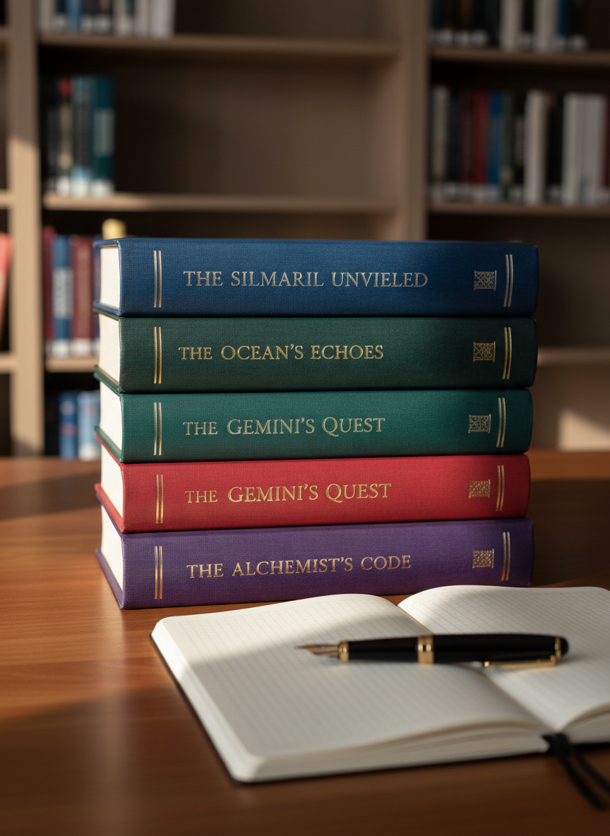 A neatly stacked tower of hardcover novels in rich jewel tones, their textured dust jackets featuring crisp, legible titles and subtle foil accents, arranged on a smooth walnut desk. An elegant black fountain pen with a gleaming gold nib rests across an open blank notebook beside the books, hinting at thoughtful reviews to be written. Soft morning light from an unseen window washes in from the left, creating gentle shadows and catching on the metallic lettering. The background is a softly blurred wall of neutral shelves filled with more orderly books. Photographic realism, shot at eye level with a shallow depth of field, professional and clean, conveying a calm, inviting atmosphere that suggests careful, insightful reading.